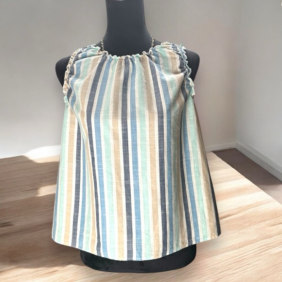 a.n.a Blue, Cream, Aqua, White Striped Tank Top Open Back Cotton Small Boho Chic - Picture 5 of 7